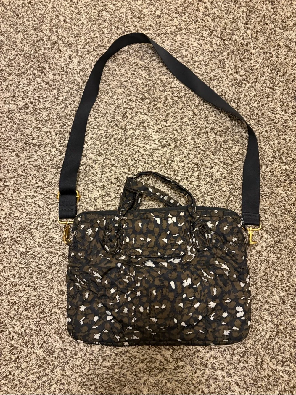 Marc Jacobs Leopard Printed Quilted Laptop Crossbody Bag with Gold Hardware